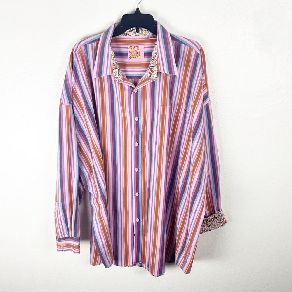 BROOKLYN EXPRESS Stripes Long Sleeves Contrasting Cuffs Button Shirt, Size 4XL